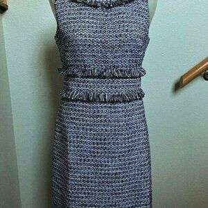 Sail to Sable Blue and White Tweed Fringe Midi Dress